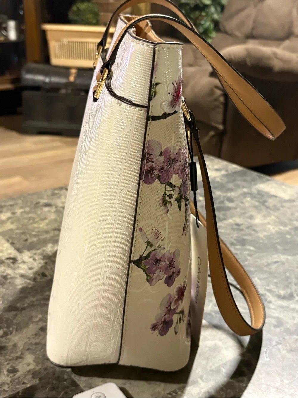 Calvin Klein Cream Tote with Purple Floral Print and Gold Chain